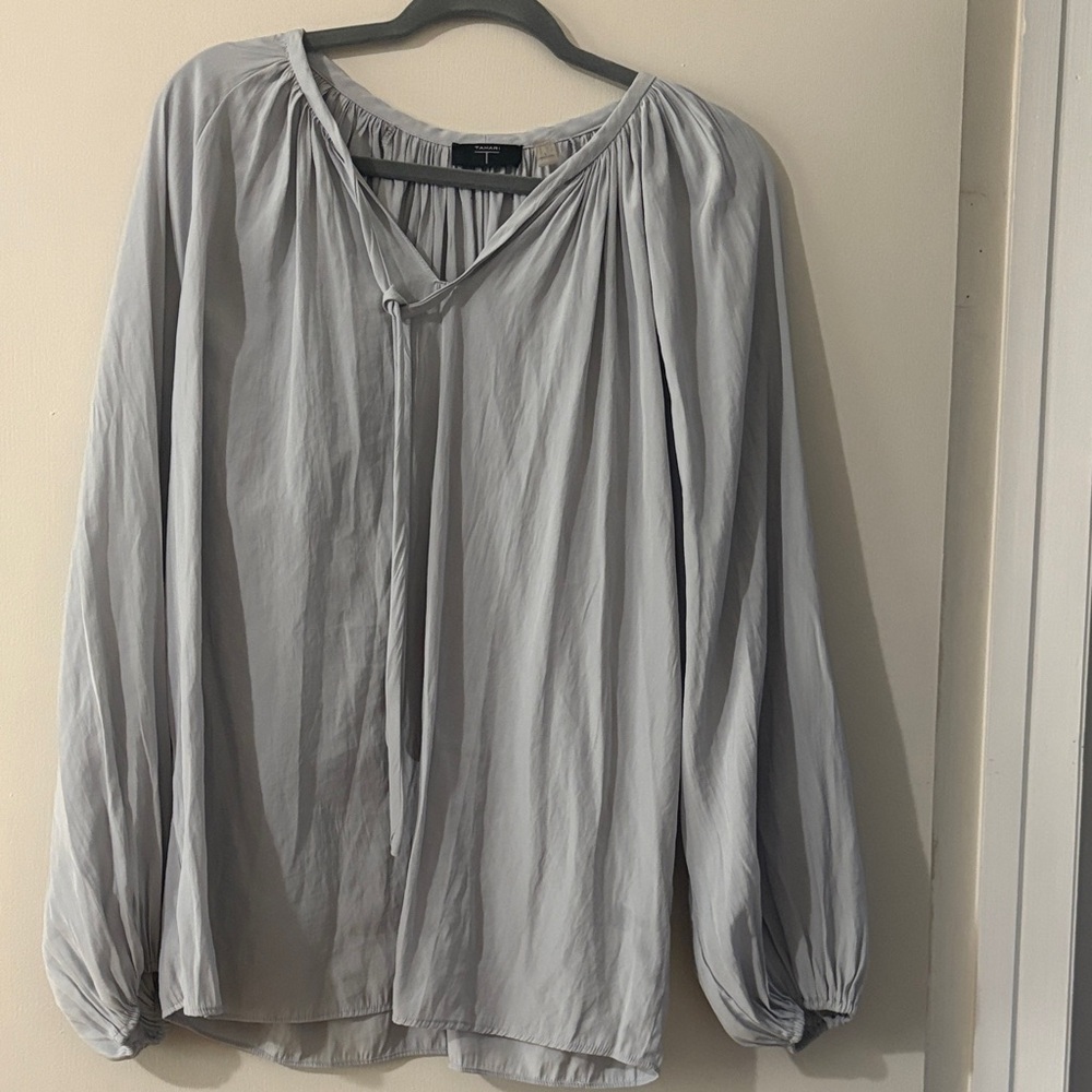 Tahari Silver-Gray Pleated Tie-Neck Blouse